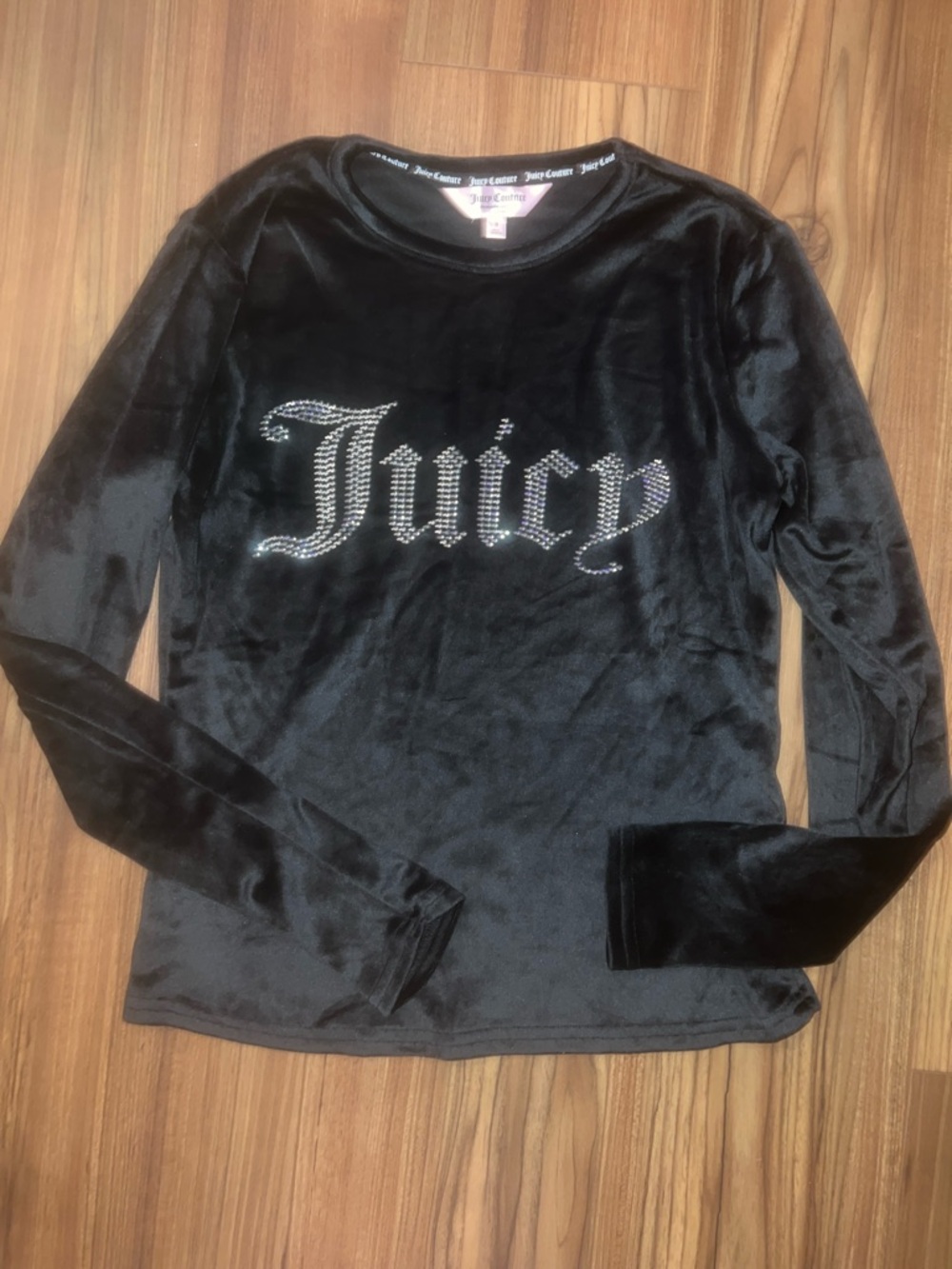 Juicy Couture Black Velvet Rhinestone Logo Long Sleeve Top